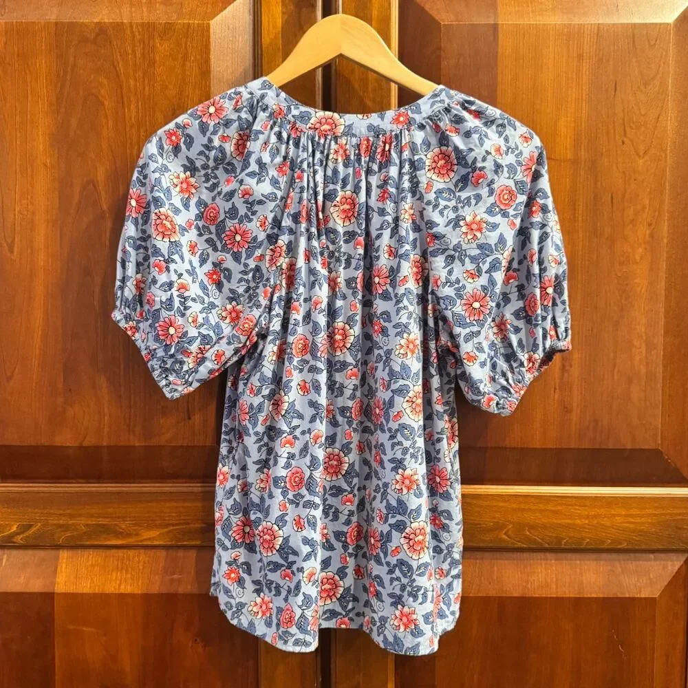 LOFT  Women's Floral Peasant Blouse Blue Pink Puff Sleeve Tie Neck Boho Top S
